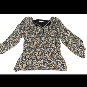 Cato Sheer Fully Lined Blouse Top Floral Black & Tan Ruffled Bottom Size Small